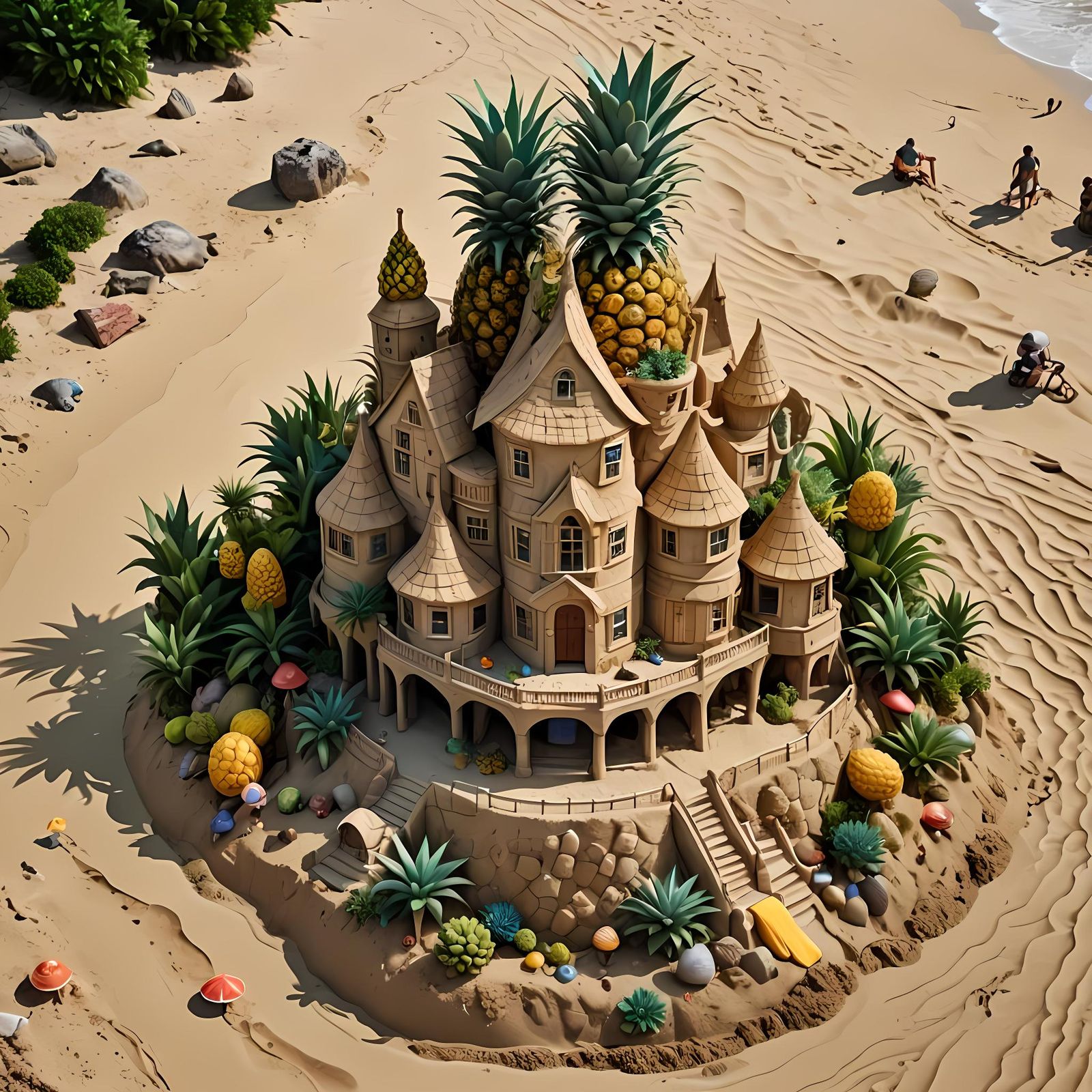 Hyperrealistic Pineapple House Undersea Sandcastle