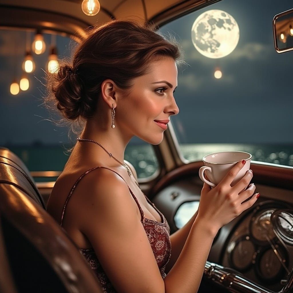 A Beautiful Steampunk Woman Sits on the Moon, Sipping Coffee...