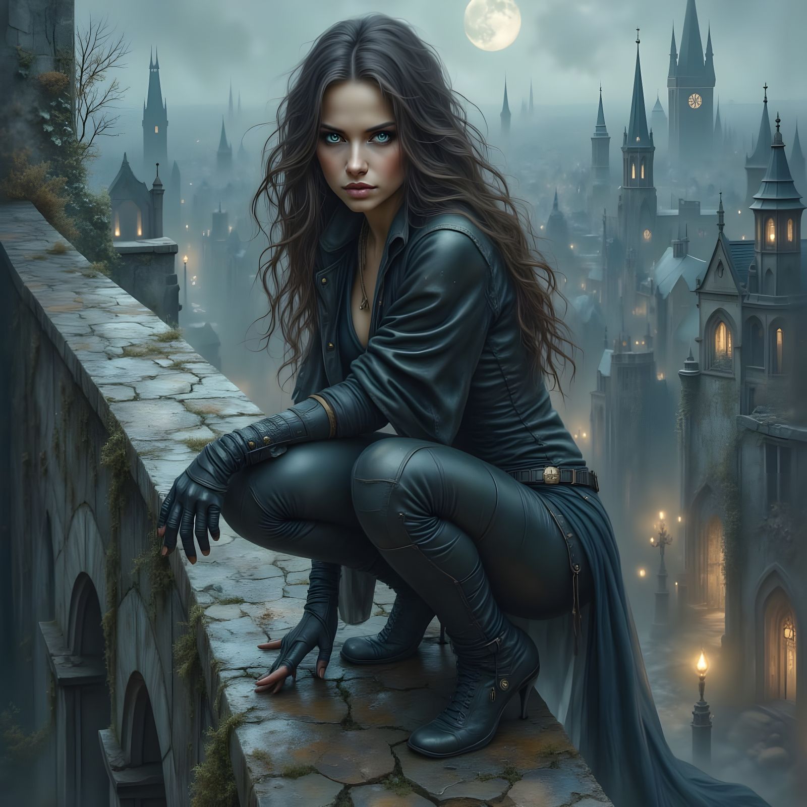 Vampire Woman Overlooks Gothic City in Tactical Suit