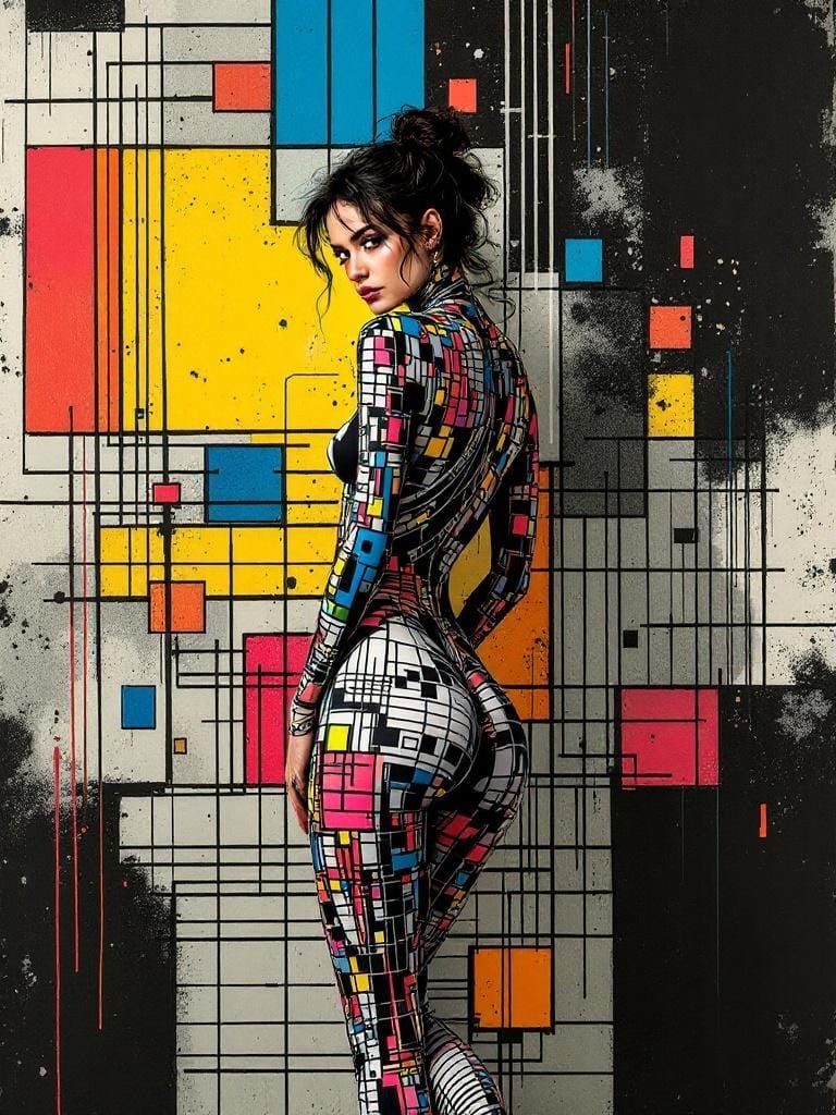 Woman Merges with Geometric Wall in Punk Aesthetic