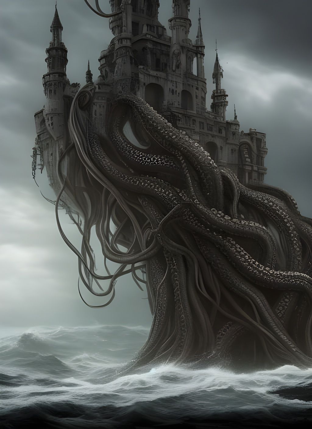 Kraken Lifts Castle: Dramatic Tentacle Fantasy Art