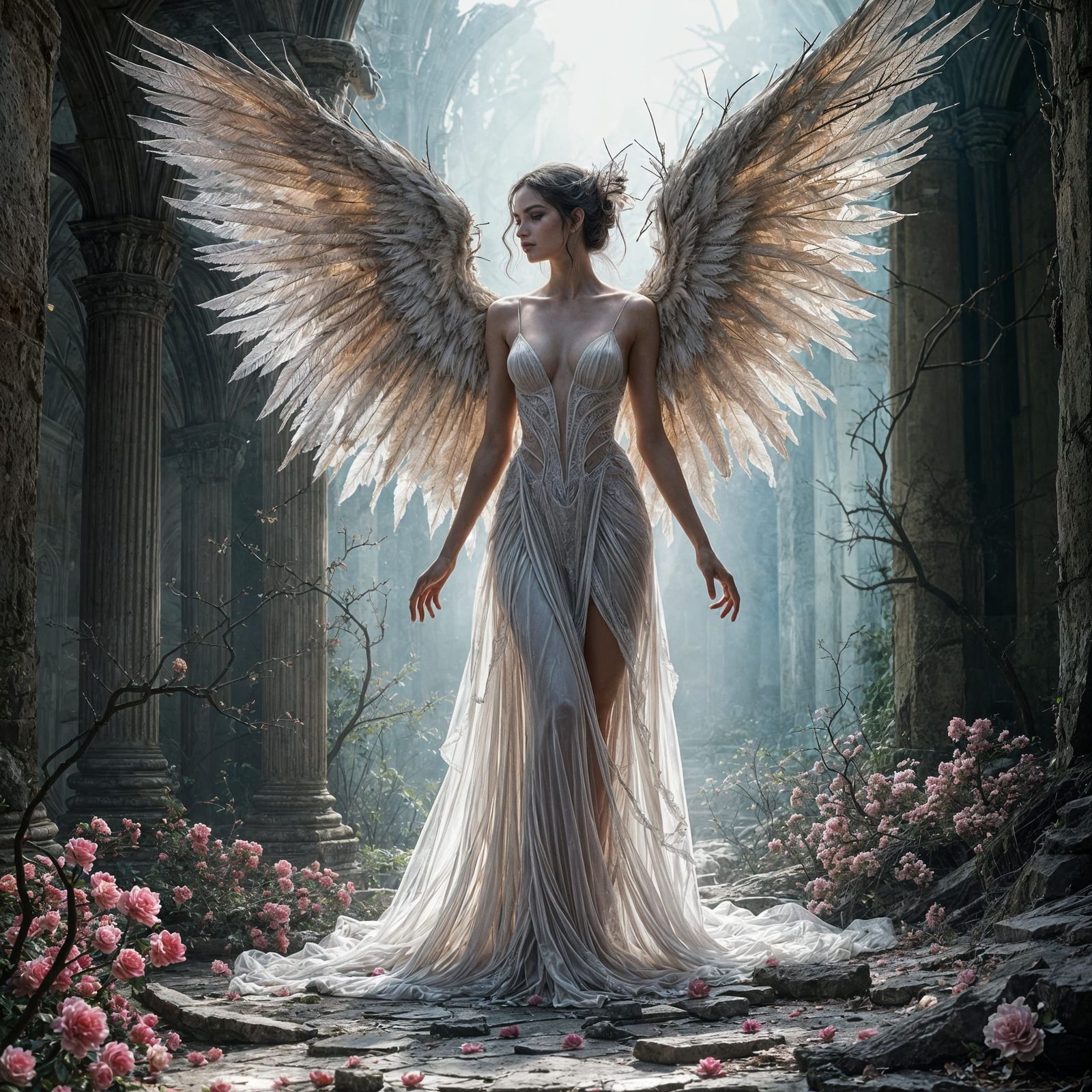 Dark Elegance: Ethereal Figure in Ruined Hall