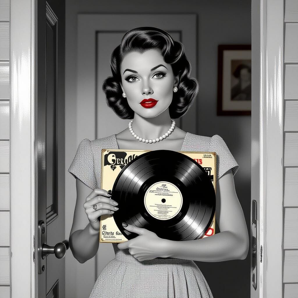 Vintage Housewife with Vinyl Record in Photorealistic Style