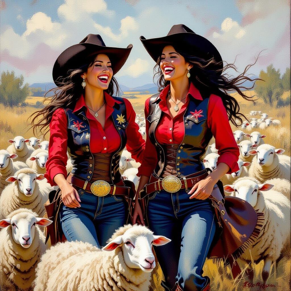 Cowgirls Laughing While Rounding Up Sheep as Oil Painting