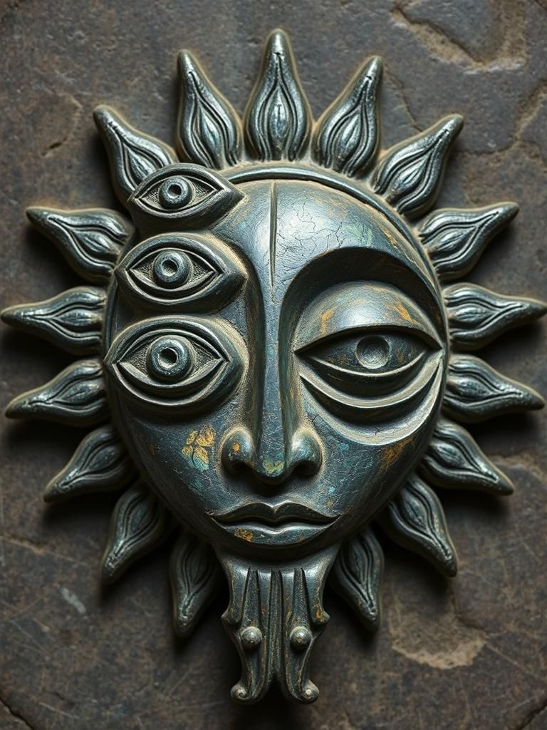 Asymmetrical Three-Eyed Sun God Relief Sculpture