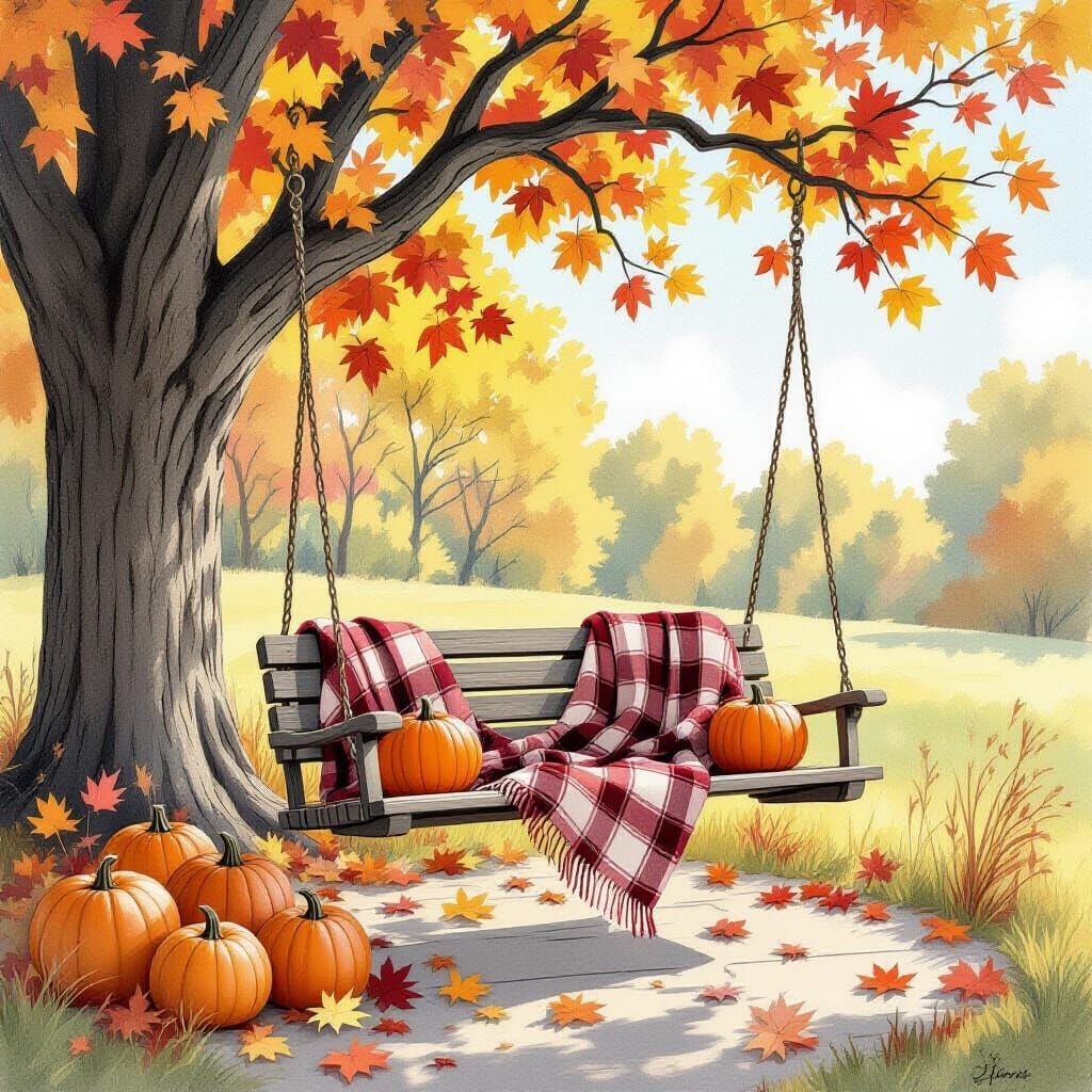 Autumn Porch Swing with Pumpkins in Gouache Style