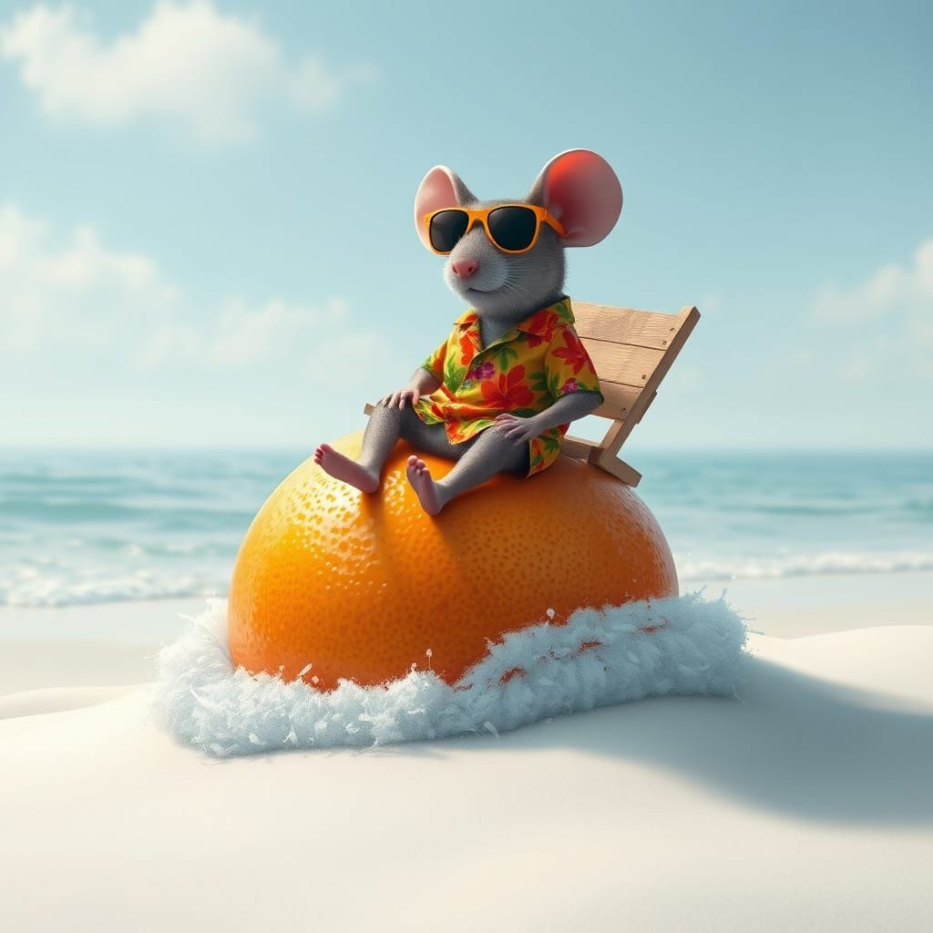 Surreal Beach Scene with a Mouse in a Hawaiian Shirt