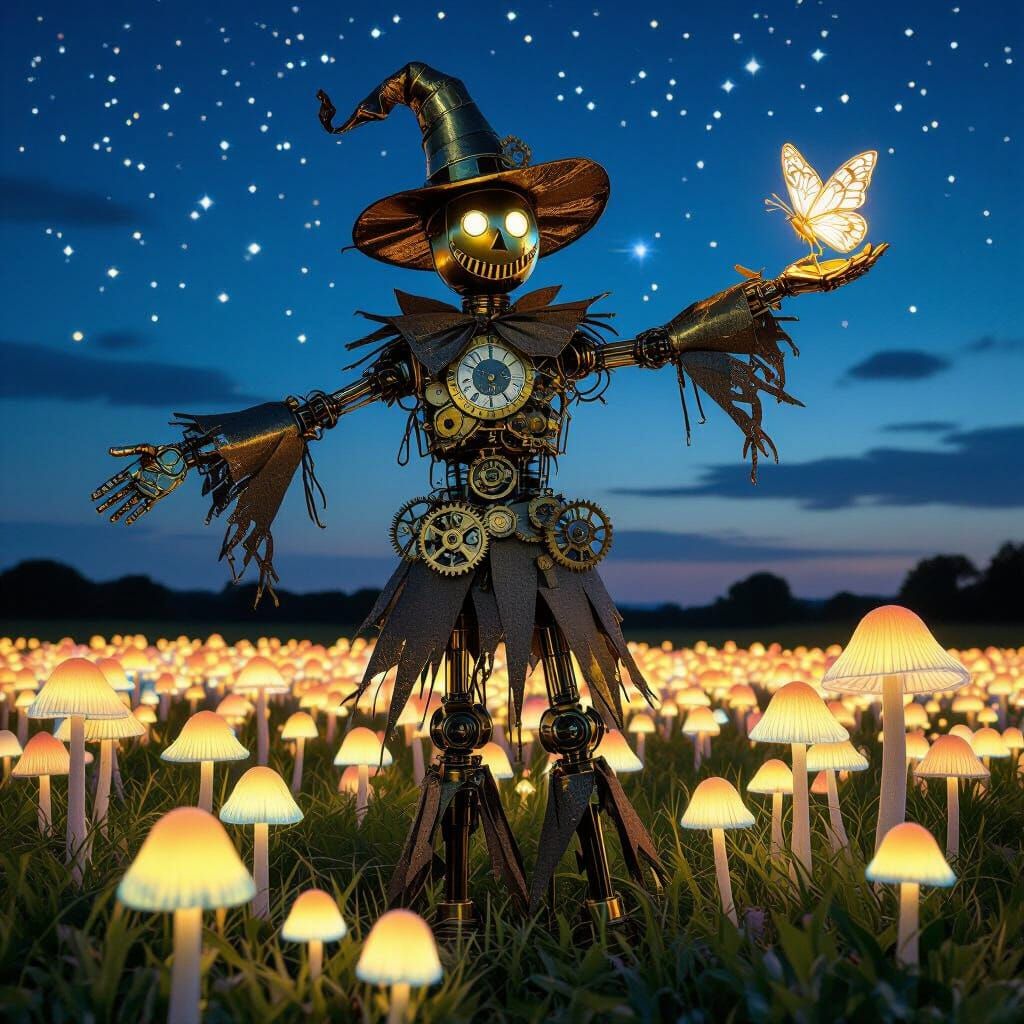 Brass Clockwork Scarecrow in Bioluminescent Mushroom Field