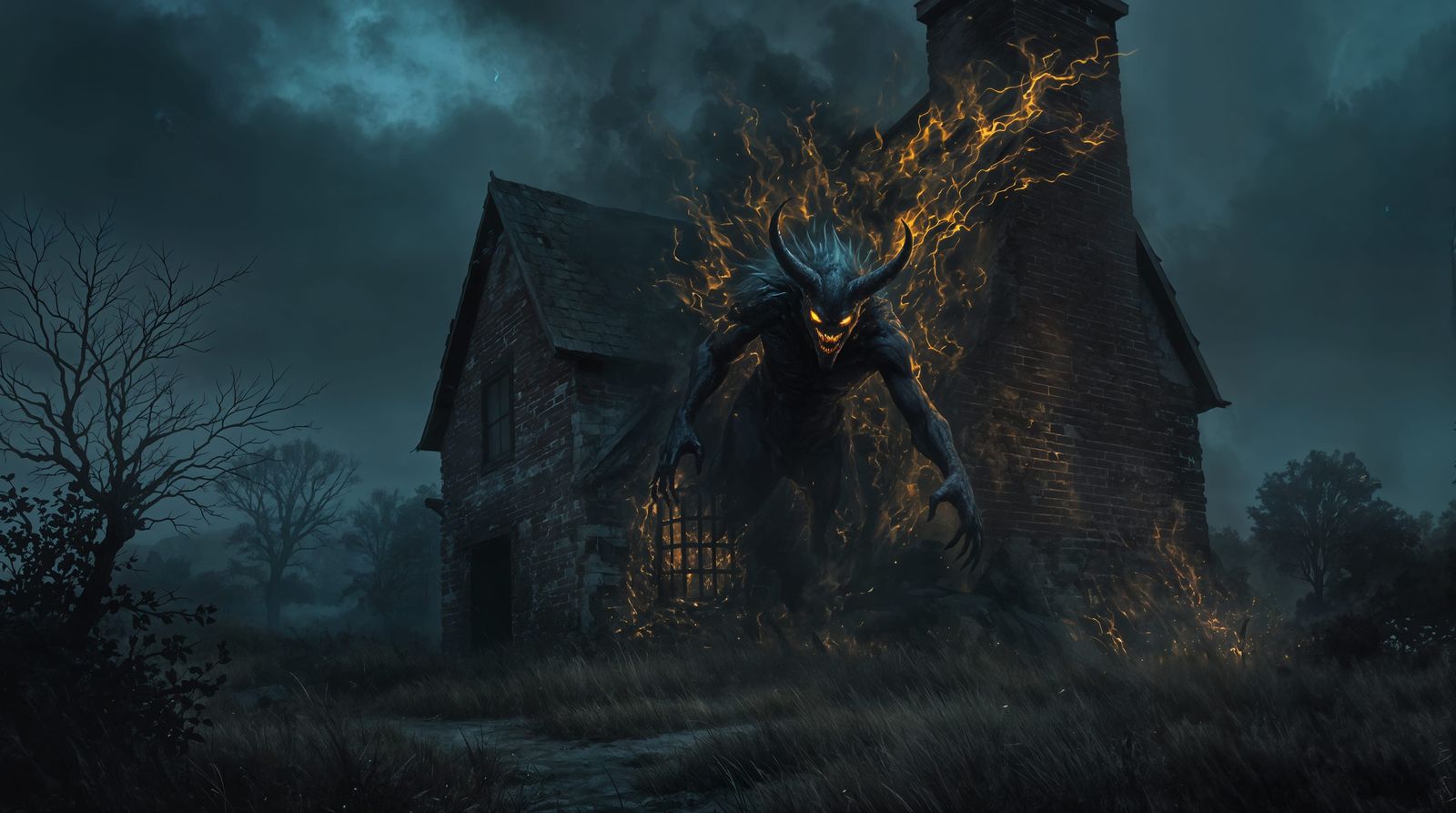 Surreal Demon Emerge from Brick Chimney in a Moody, Cinemati...