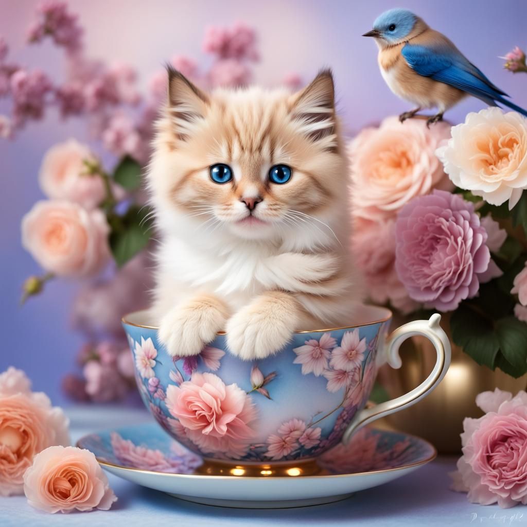 A pretty fluffy ginger Ragdoll kitten and her bluebird frien...