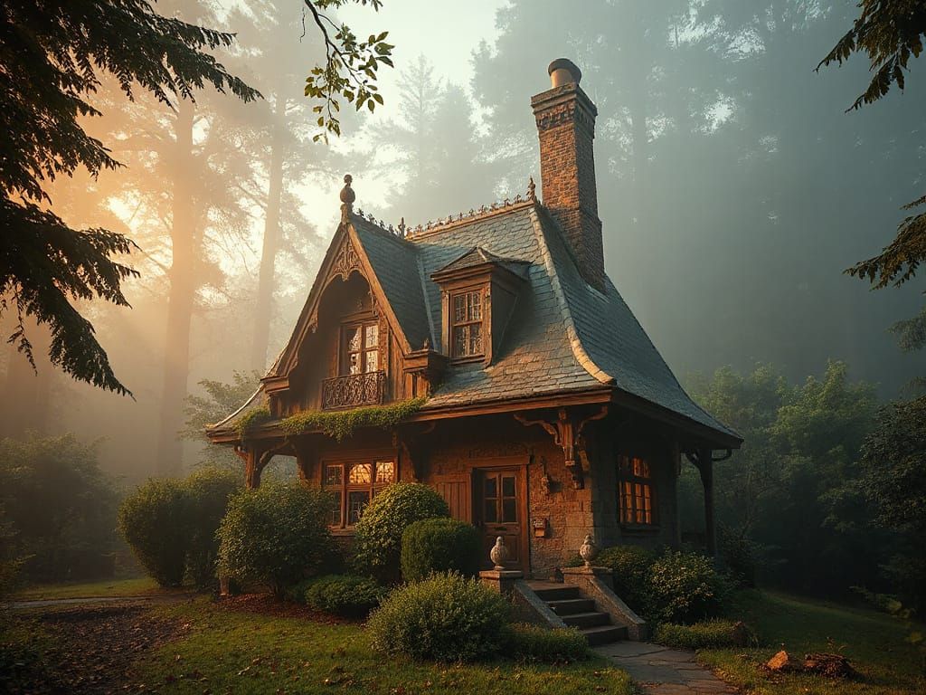 Victorian Cottage in Misty Primeval Forest