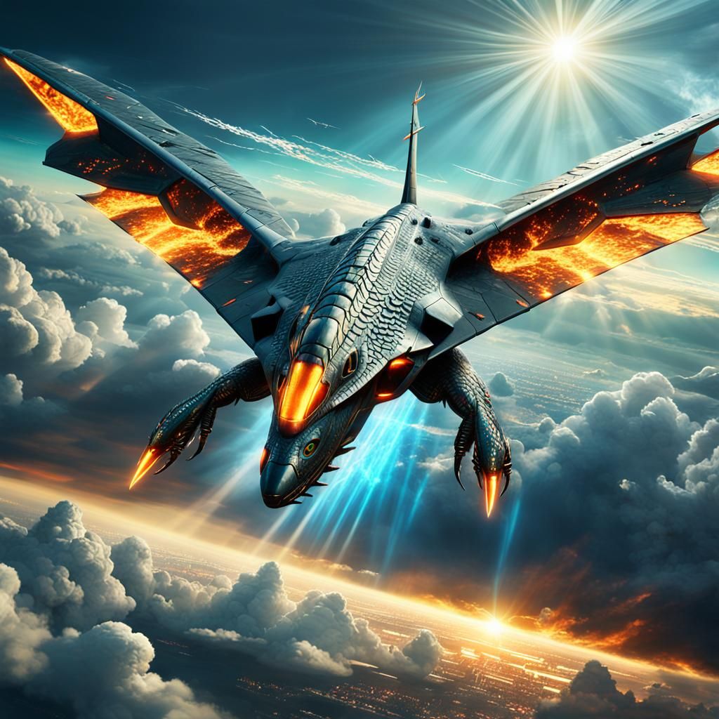 Futuristic Metallic Reptile Soaring Through Clouds