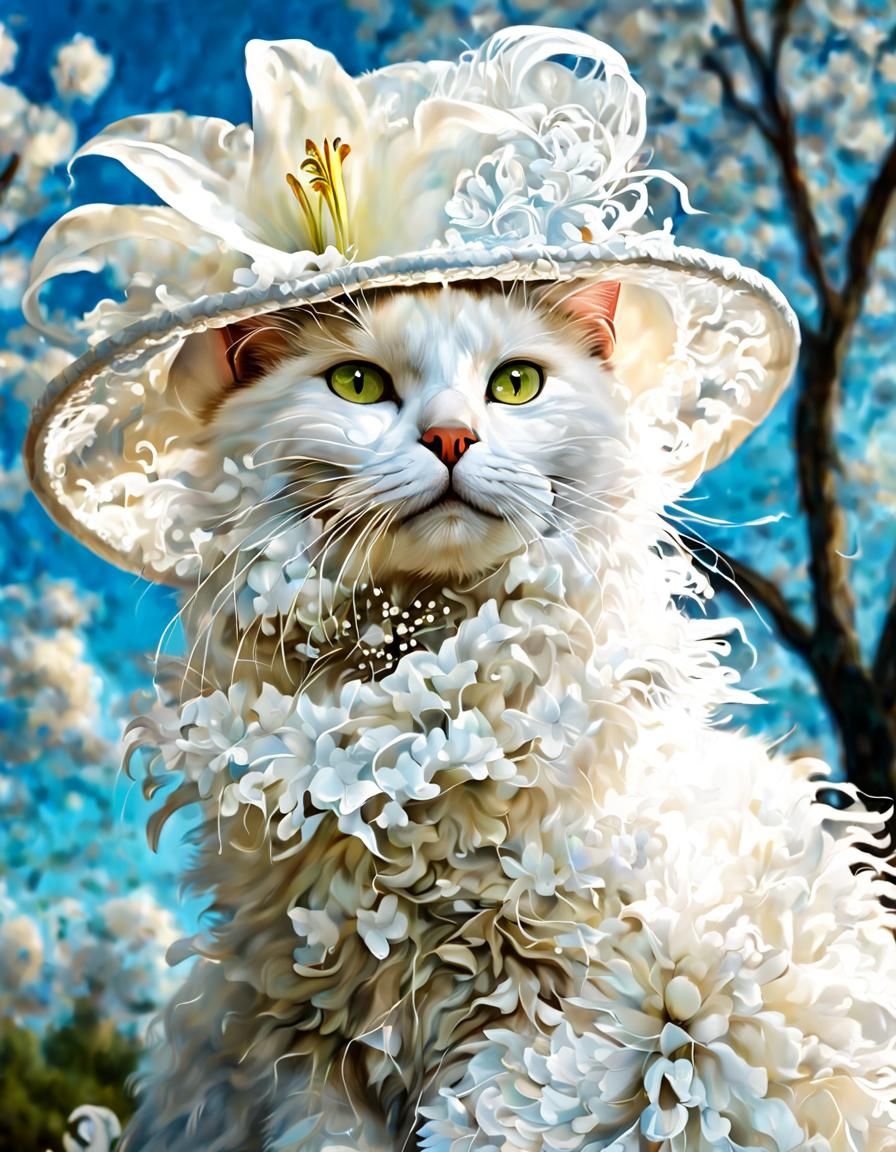 Elegant White Cat in Hat Portrait