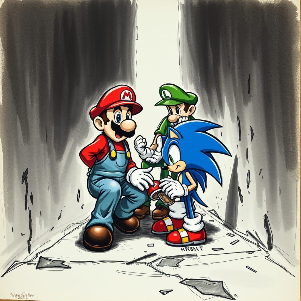 Mario and Luigi Tend to Wounded Sonic in Charcoal-Inspired A...