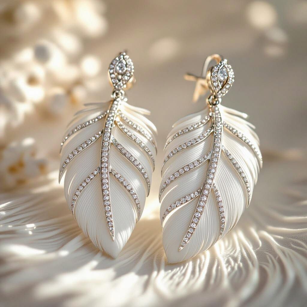 Swan Feather Earrings in White Gold