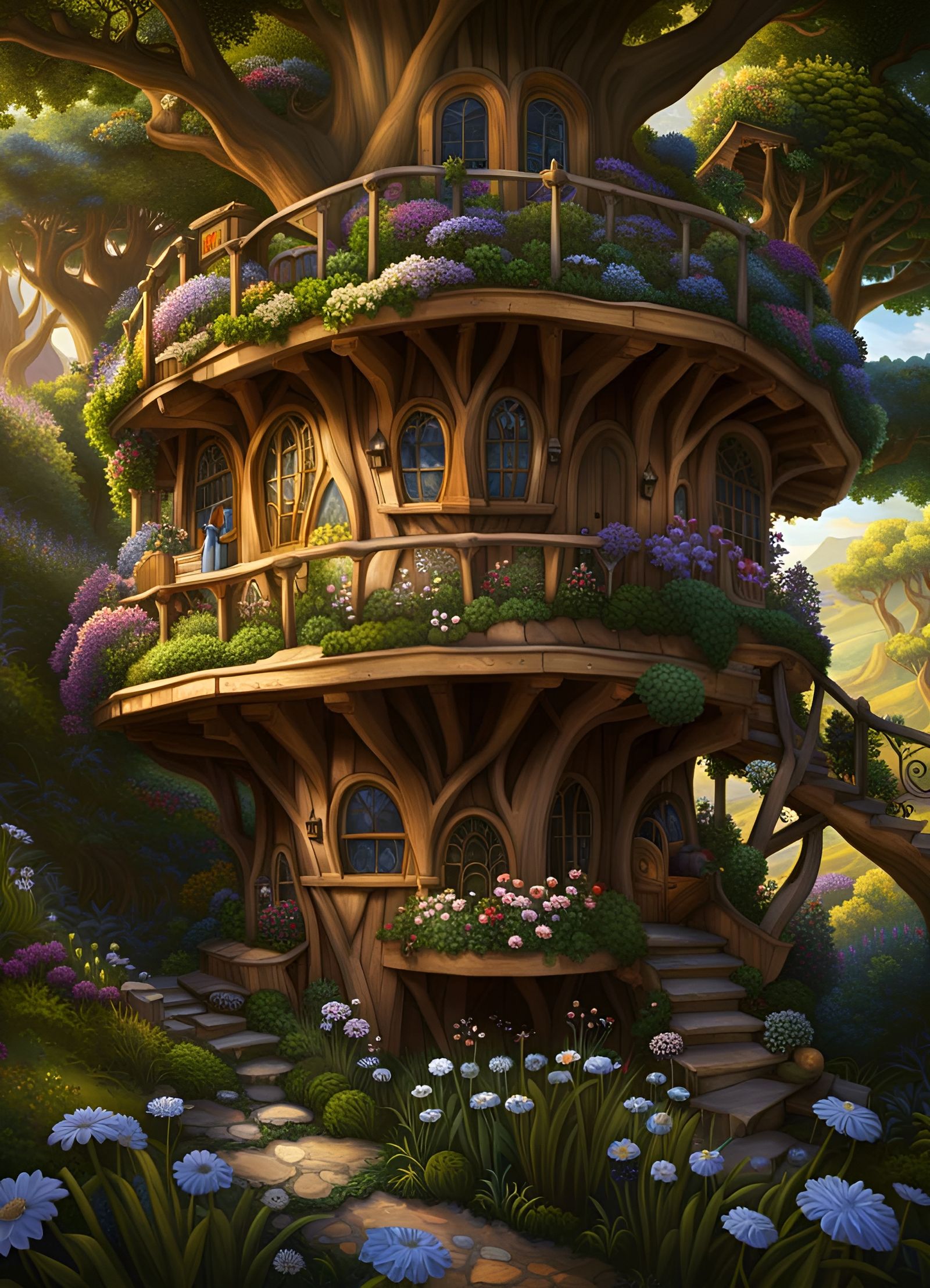 Enchanting Hobbit Treehouse Garden in Surreal Style