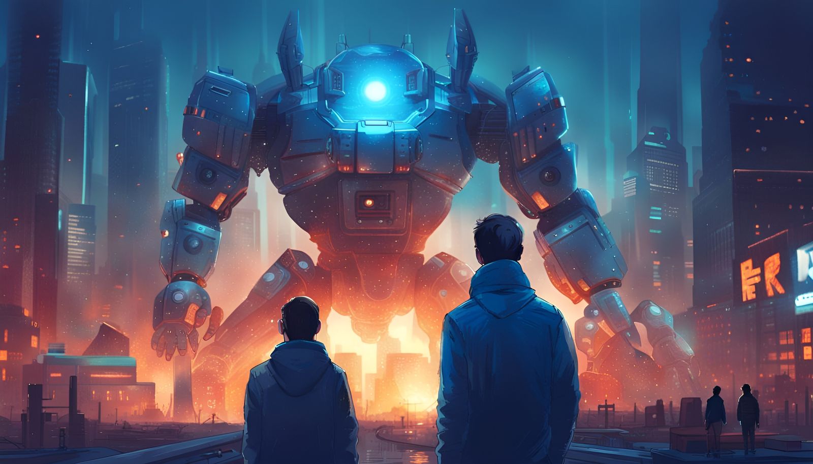 Giant Robot in Burning City: Digital Art Illustration
