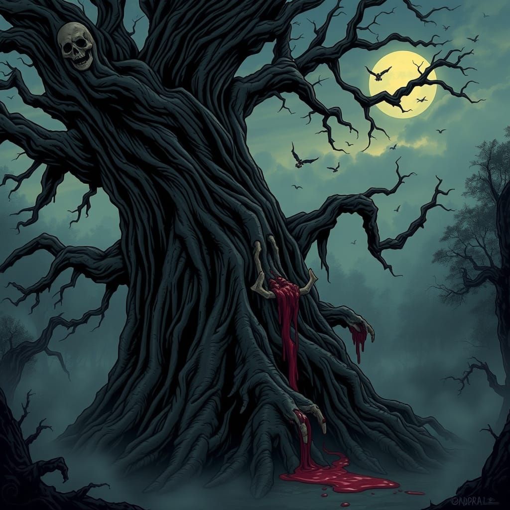 Disturbing Cartoon Horror Tree With Bones in Foggy Forest