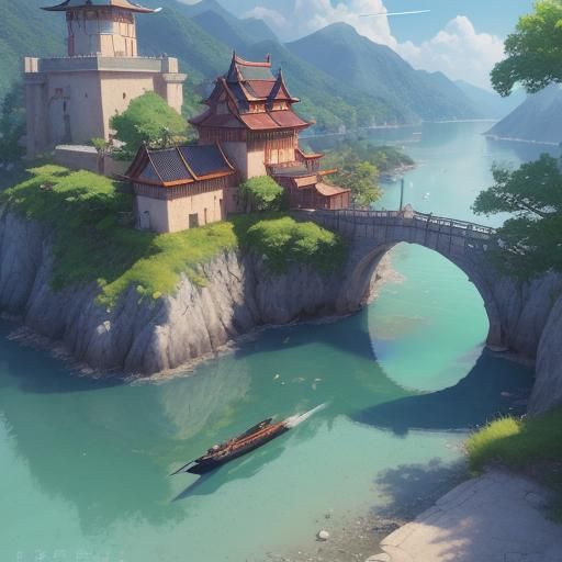 Anime Spears and Wands Airplanes over Water Village