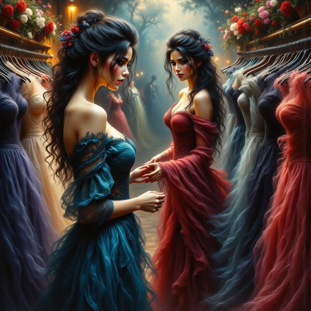 Modern Woman Haunted by Victorian Ghost Choosing Dress