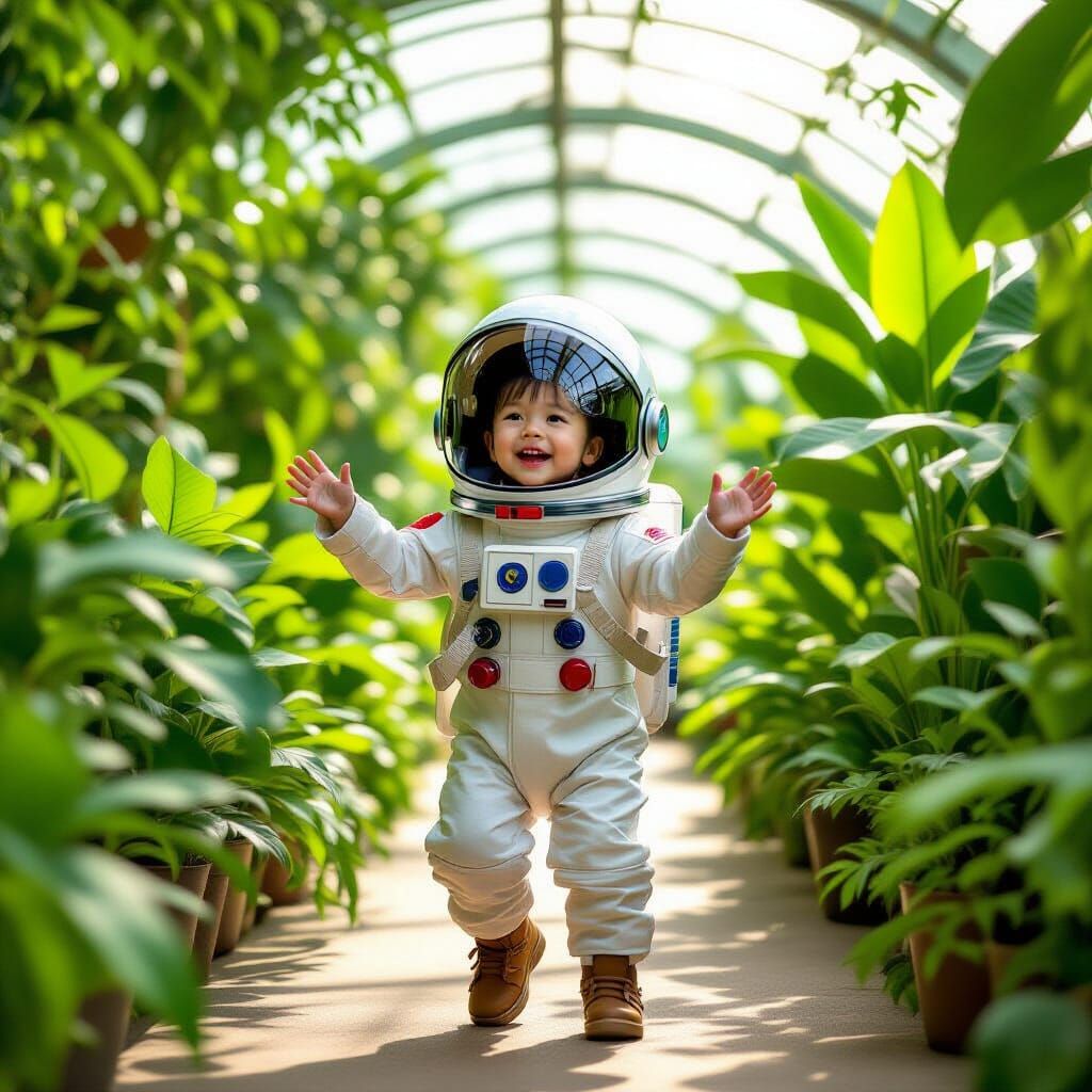 Child Astronaut in Greenhouse: A Dreamy Scene