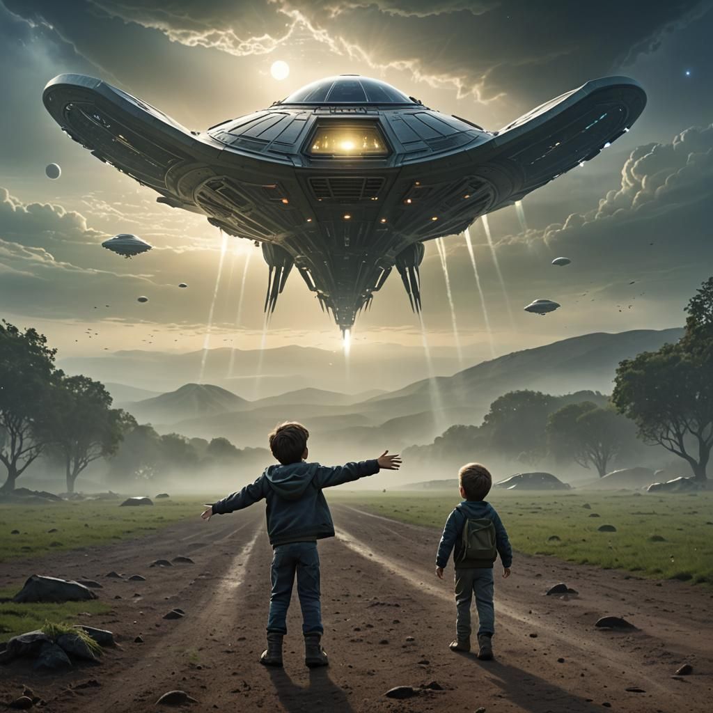 Little boy greeting aliens