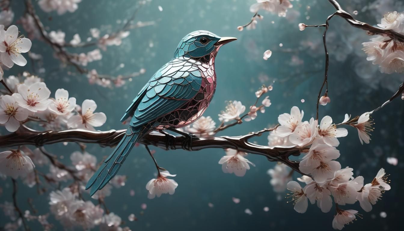 Translucent String Bird on Cherry Blossoms