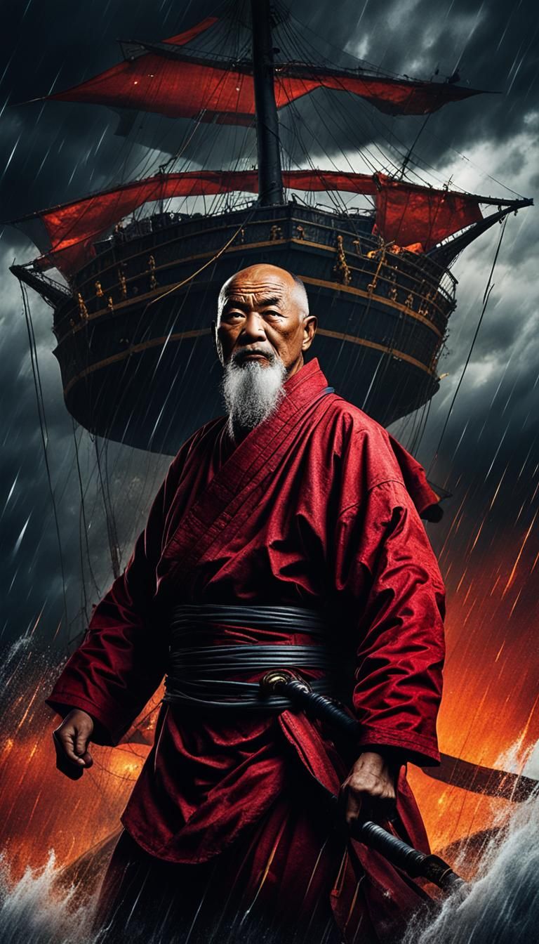 Shaolin Monk Pirate Ship Amidst Stormy Seas