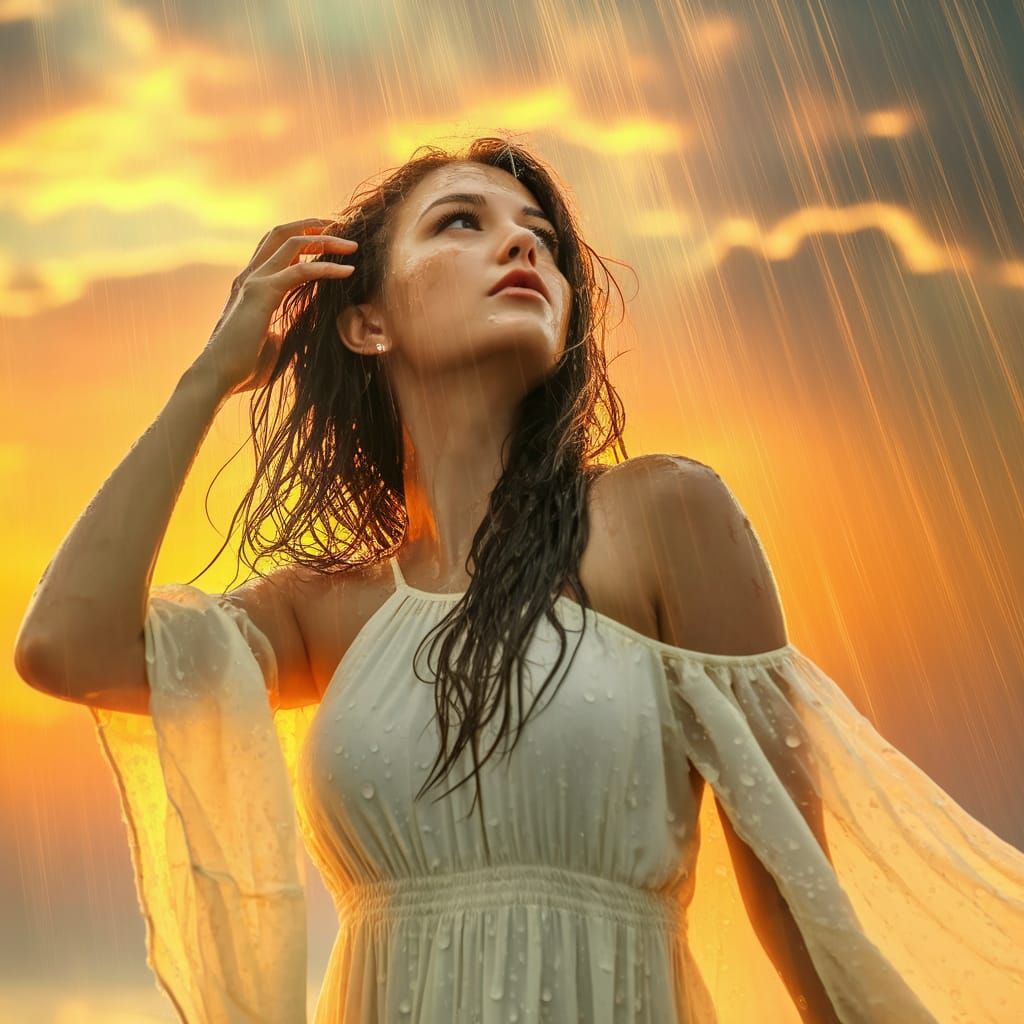 Woman in Golden Sunset Rain