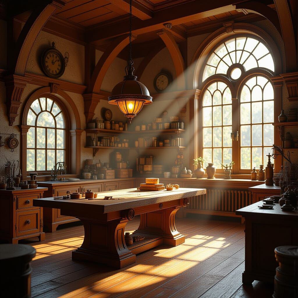 Intricate Woodworking Scene in Whimsical Industrial Style