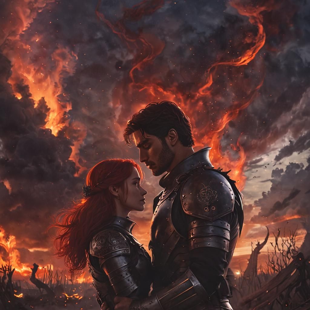 Silhouetted Lovers Under Fiery Sky