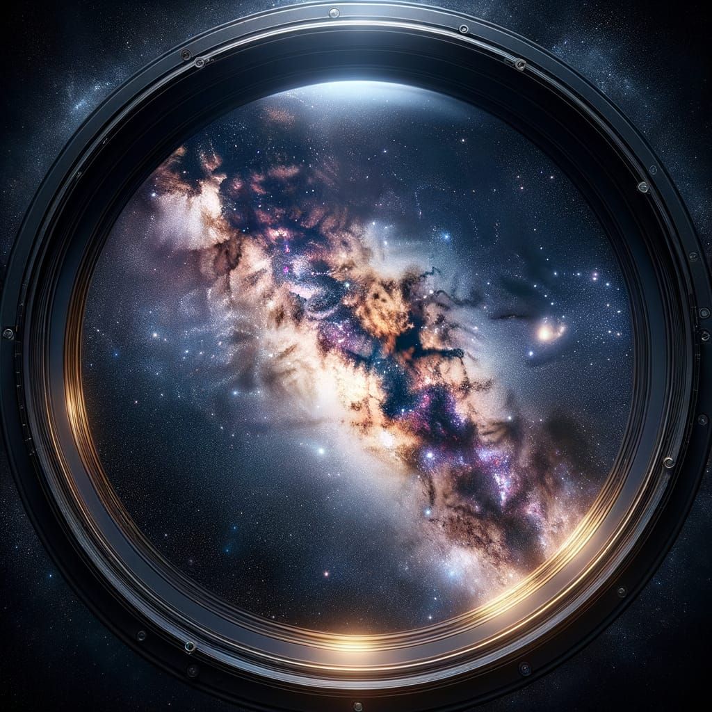 First-person perspective looking through a telescope lens, w...