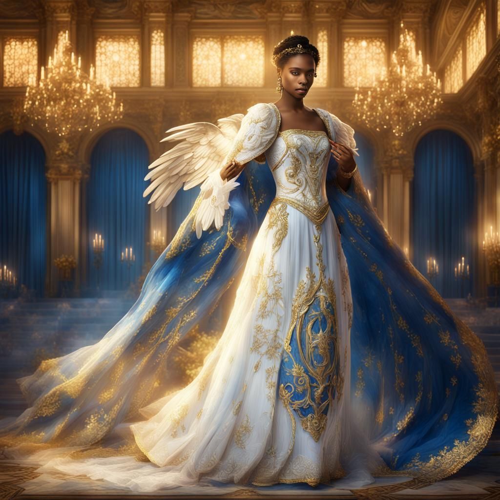Female Angel in Gold Ballroom: Fantasy Wedding Scene