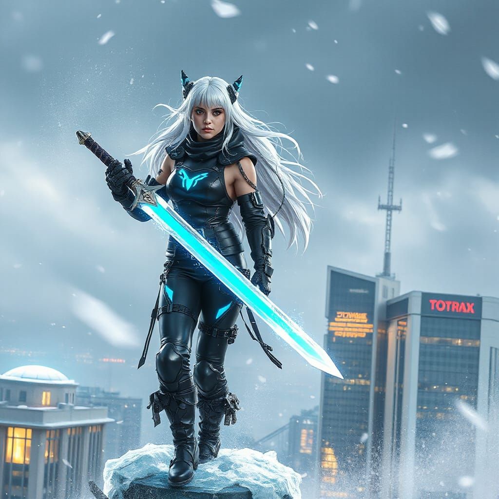 Cyberpunk Valkyrie with Ice Sword in Blizzard