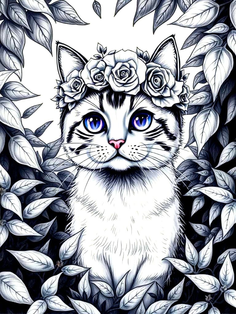Blue and White Charcoal Cat with Floral Crown