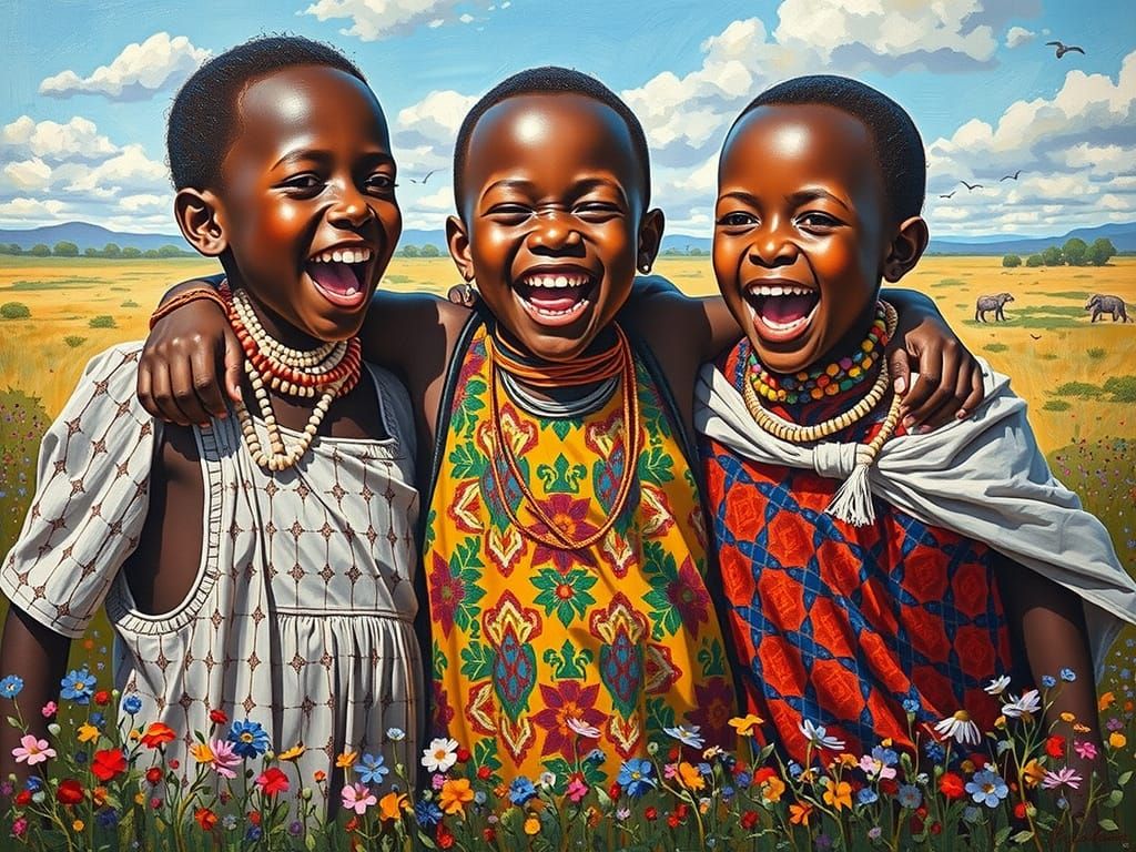Joyful African Children Embracing in Vibrant Savanna
