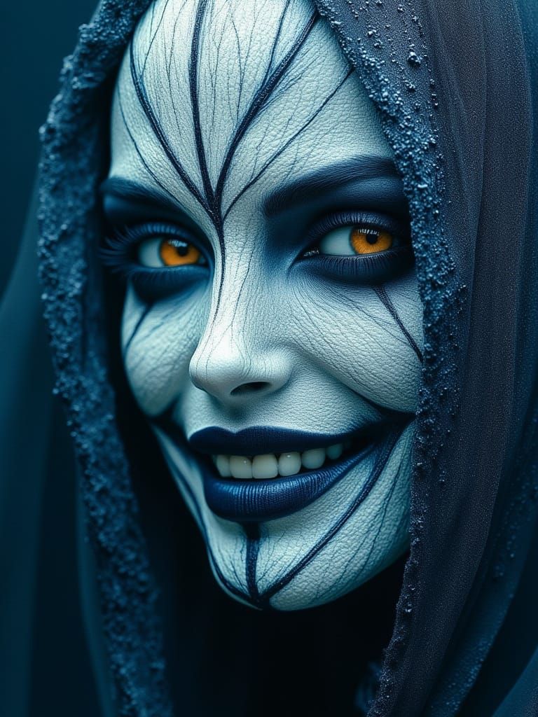 Blue Ink and Charcoal Portrait of a Smiling Wraith