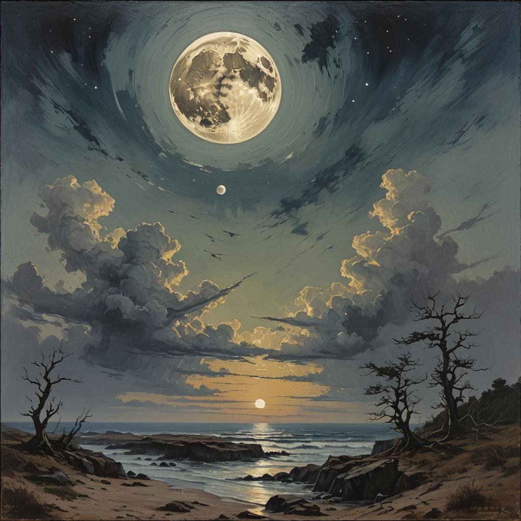 Solitary Moon in the Night Sky: Oil Painting