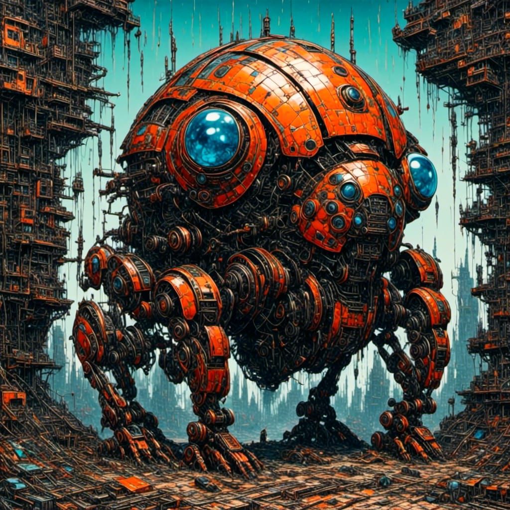 Cyberpunk Mechanical Ladybug in Dystopian World