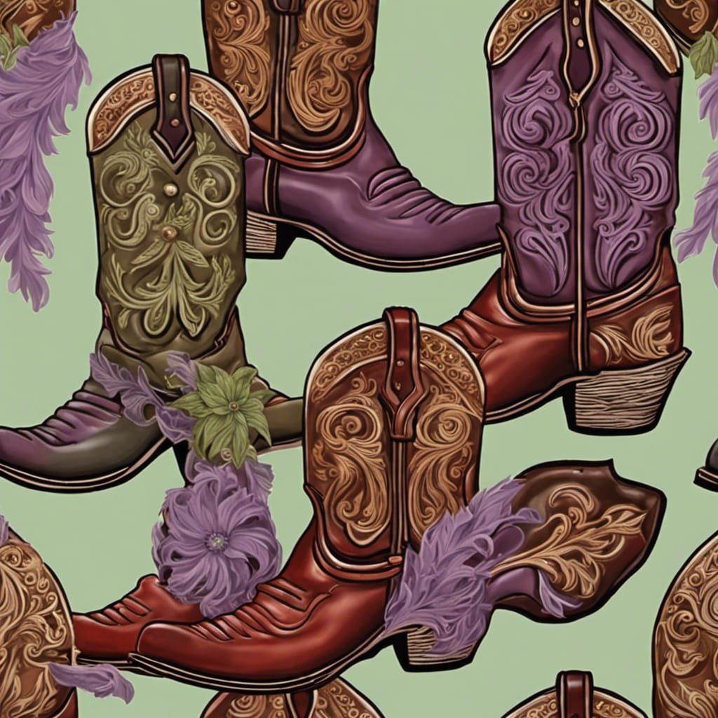 Ornate Cowboy Boots in Green and Lavender Leather