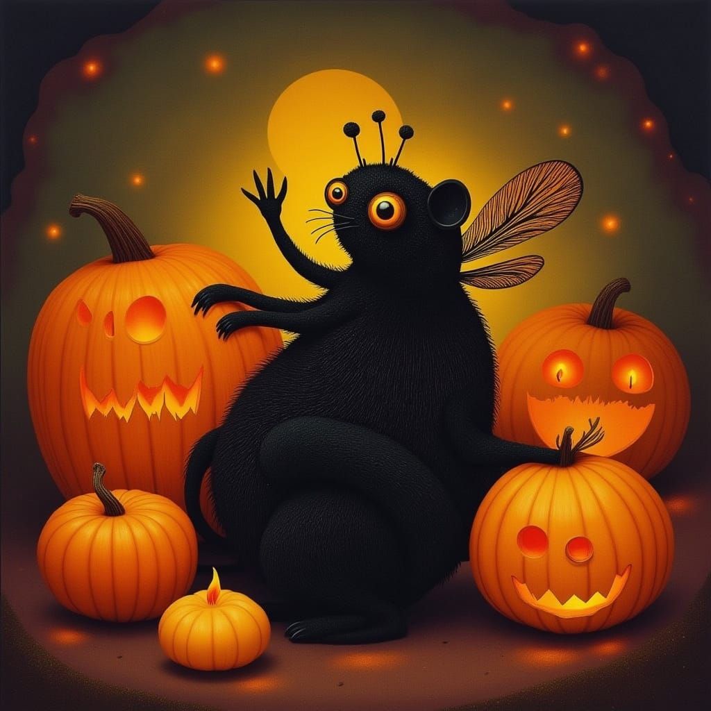Fat Black Cat in Bee Costume with Jack-o'-Lanterns