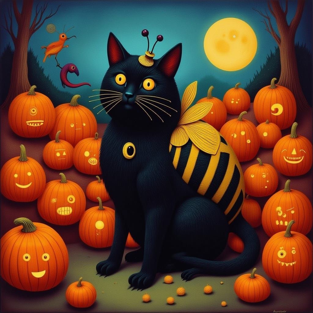 Fat Black Cat in Bee Costume with Jack-o'-Lanterns