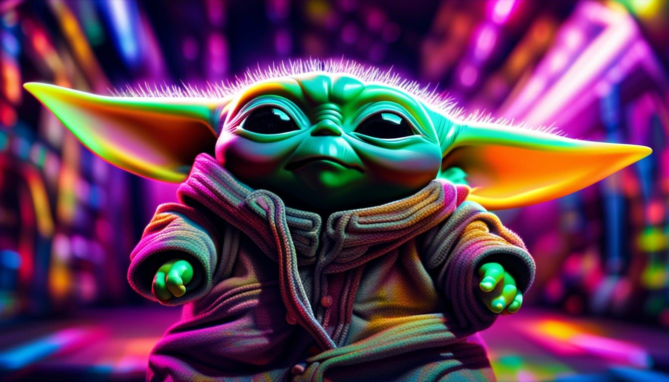 Psychedelic 80's Portrait of Baby Yoda