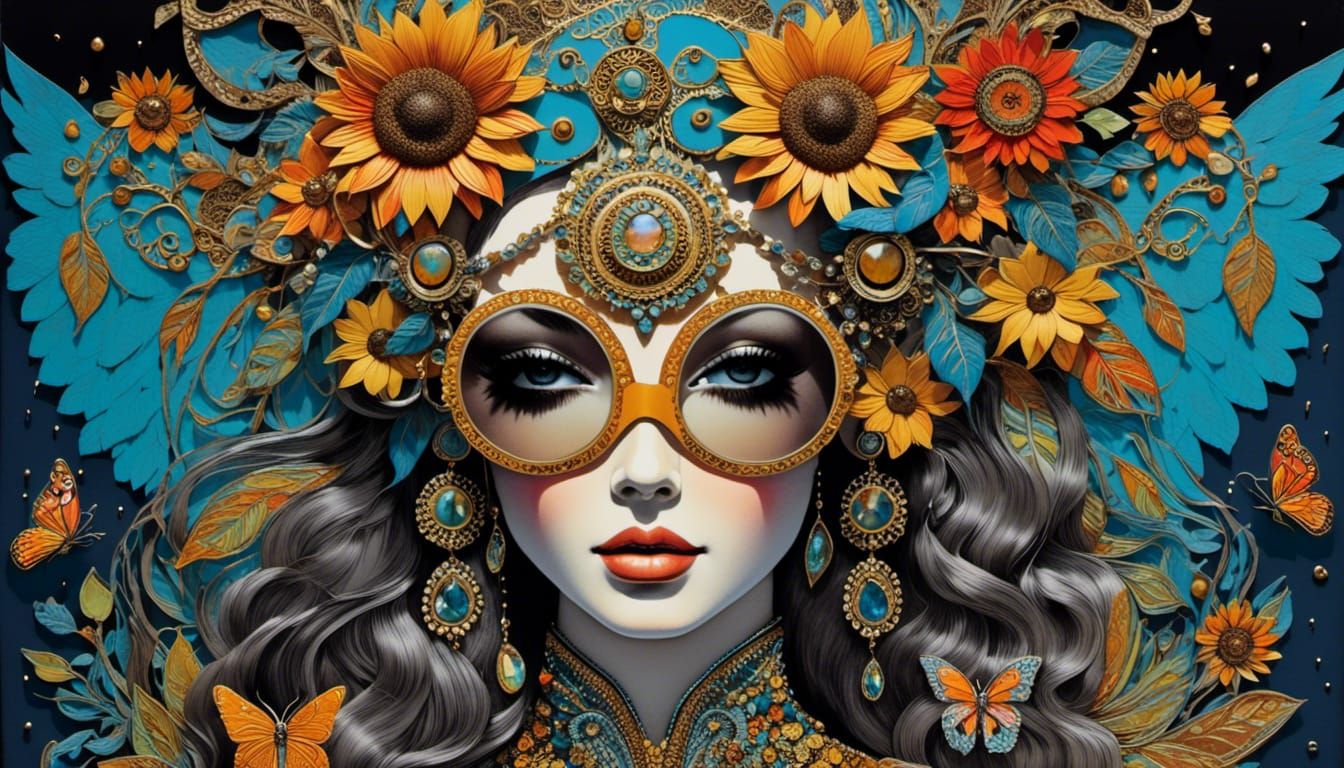 Psychedelic Bohemian Girl Collage with Zentangle Elements