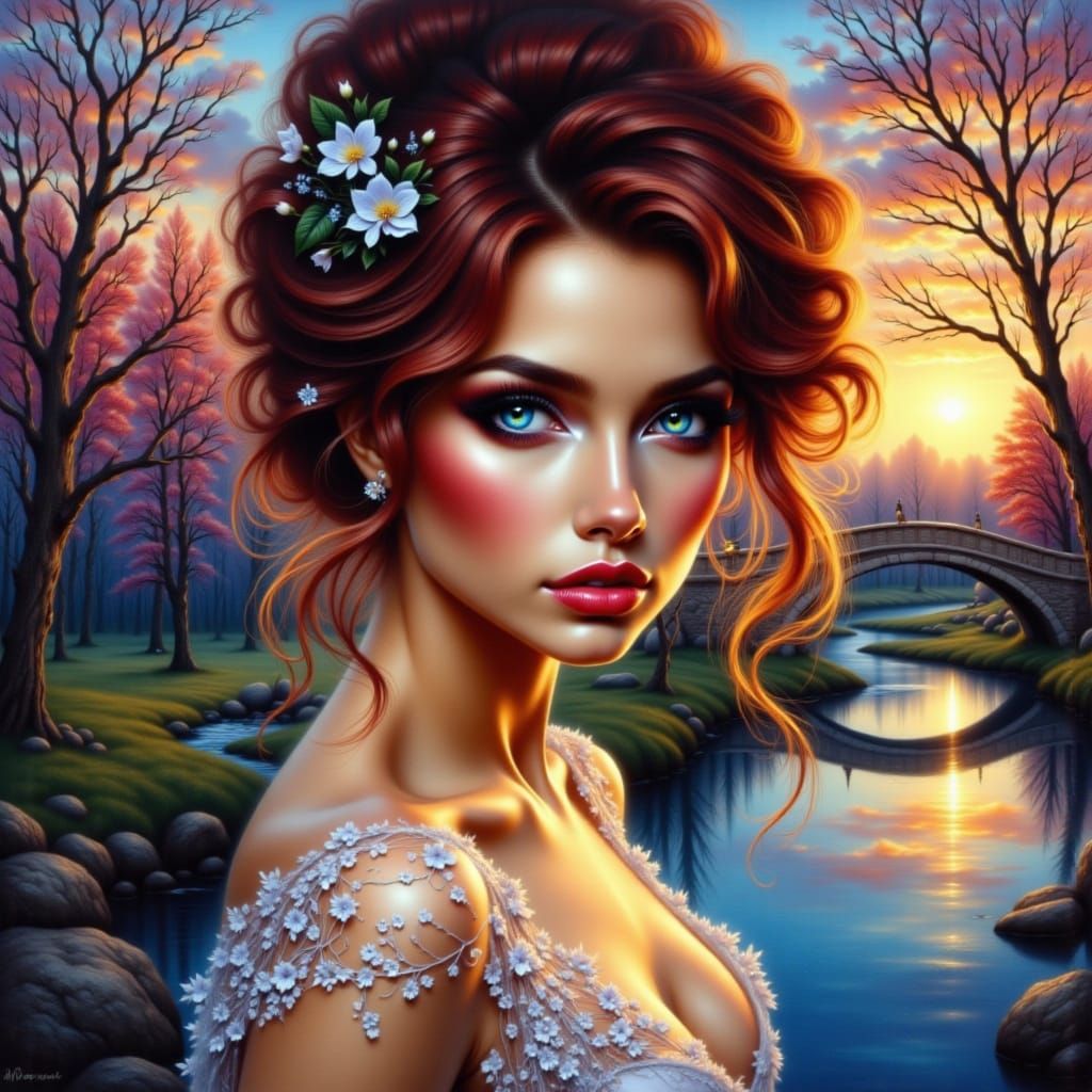Sunset Portrait of a Woman with Red Lips in Oil Painting Sty...