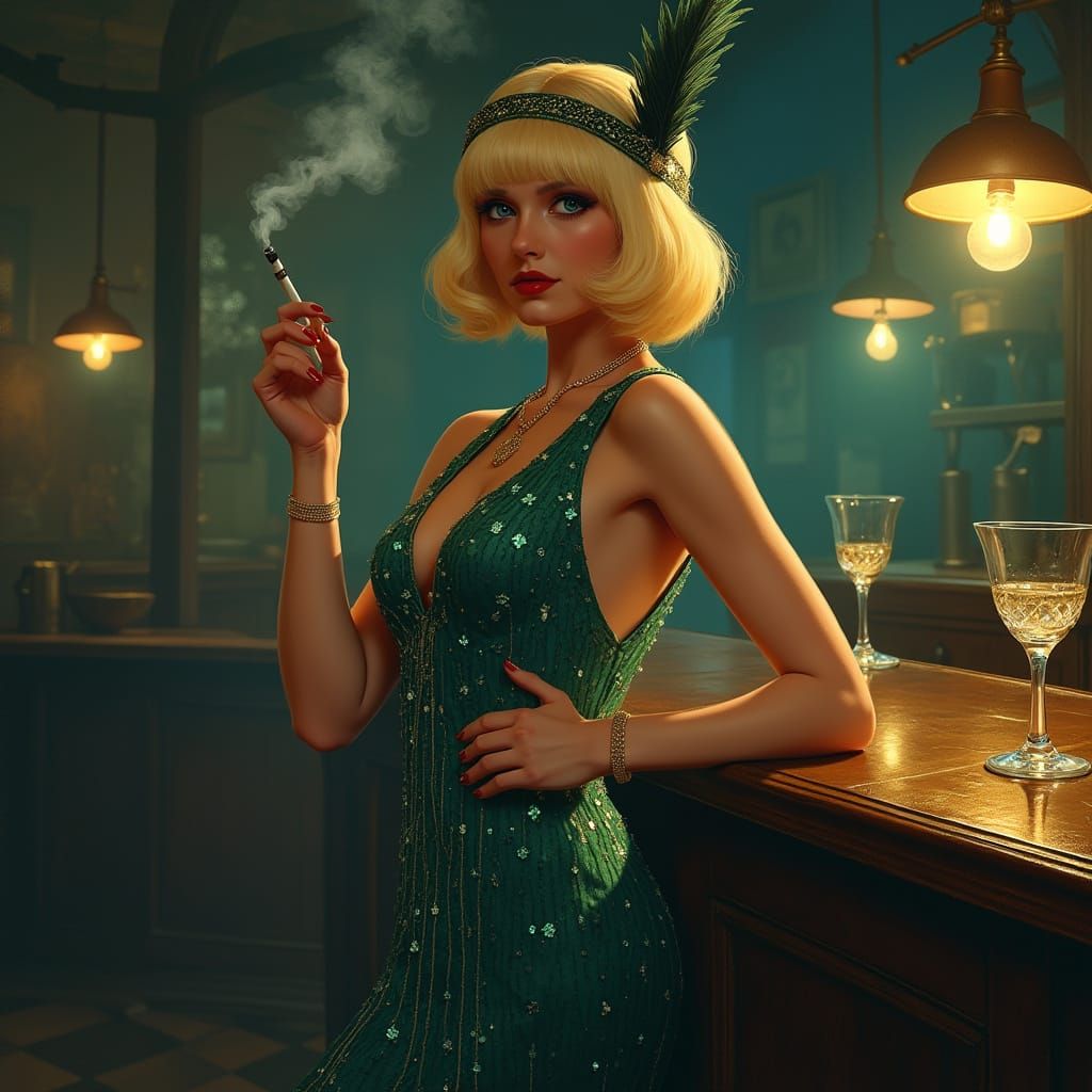 Flapper Girl in Speakeasy with Cigarette