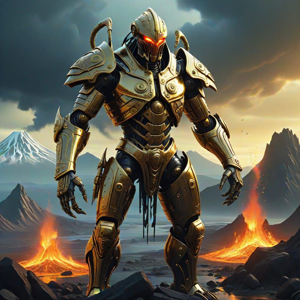 Cyberpunk Armor in Golden Filigree and Biomechanical Design