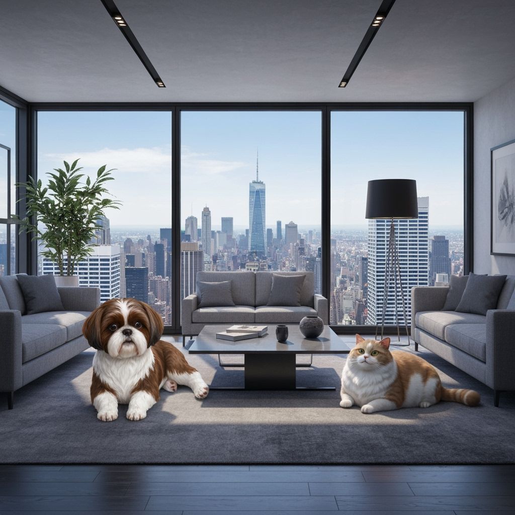 Shih Tzu and Cat in Anime-Style NYC Skyscraper