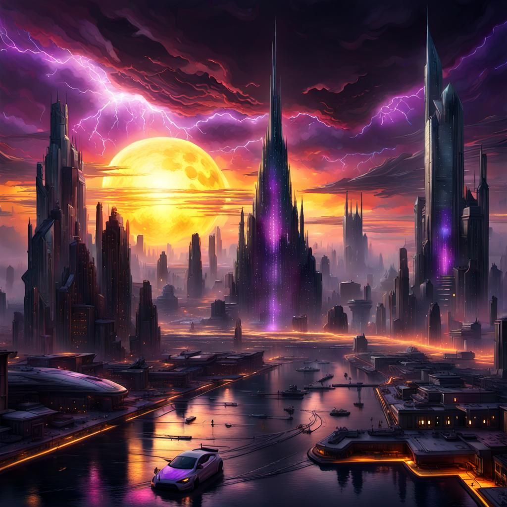 Galactic Sunset Cityscape in Cyberpunk Aesthetic