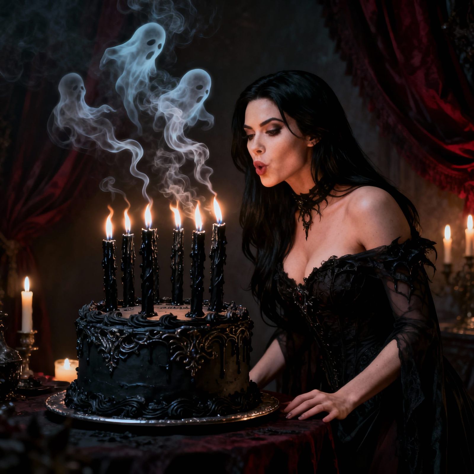 Gothic Realism Portrait: Woman and Haunted Birthday Cake